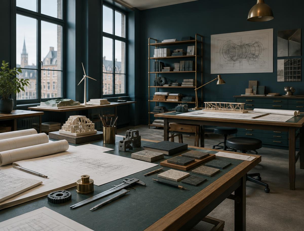Modellen en tekentafels in een Belgisch ingenieursbureau