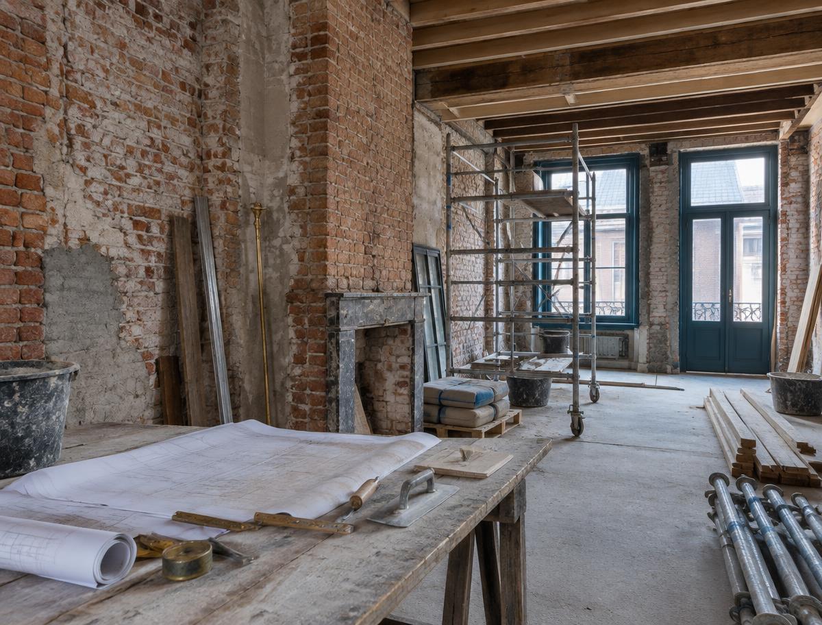 Materialen en stellingen op een Belgische renovatiewerf