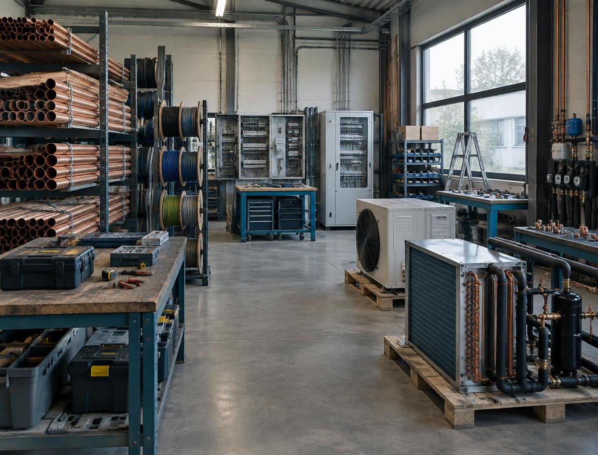 Leidingen en technische installaties in een bedrijfsatelier