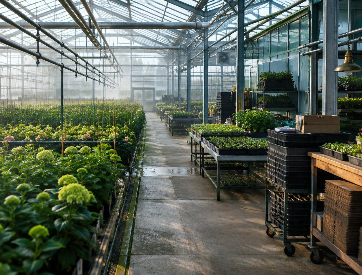 Teeltrijen en werktafels in een tuinbouwserre
