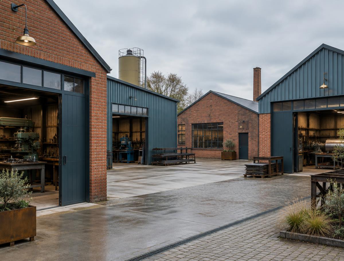 Binnenplaats met meerdere industriële werkplaatsen