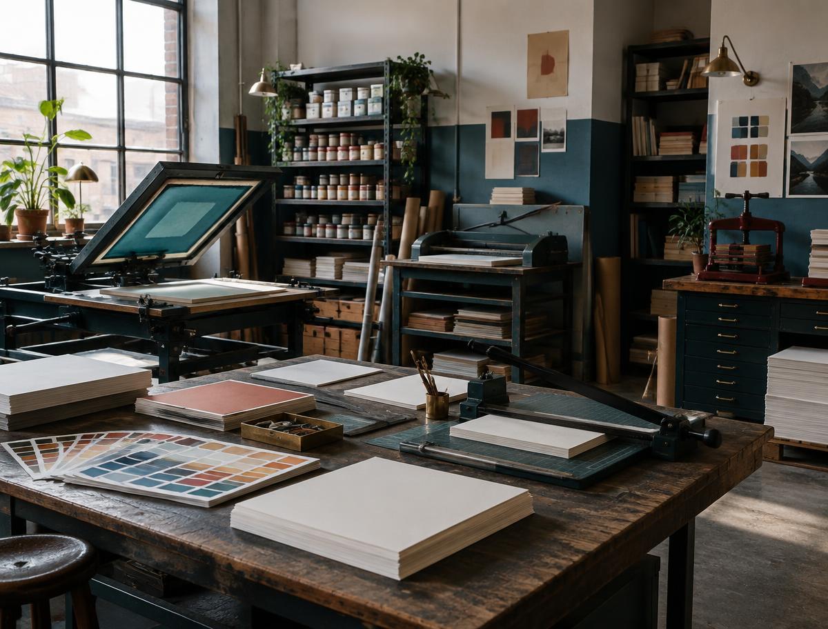 Drukpers en werktafels in een creatief productieatelier