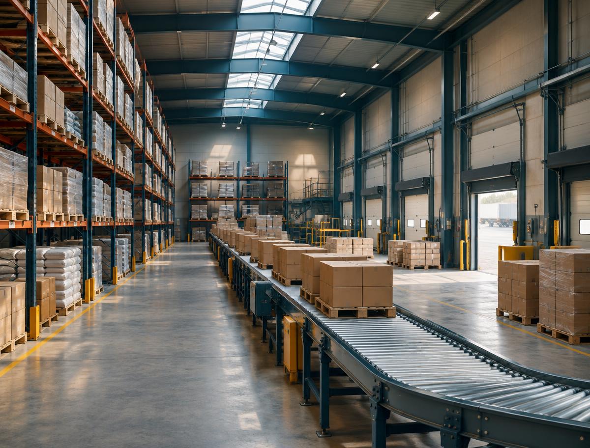 Rekken en transportband in een logistiek magazijn